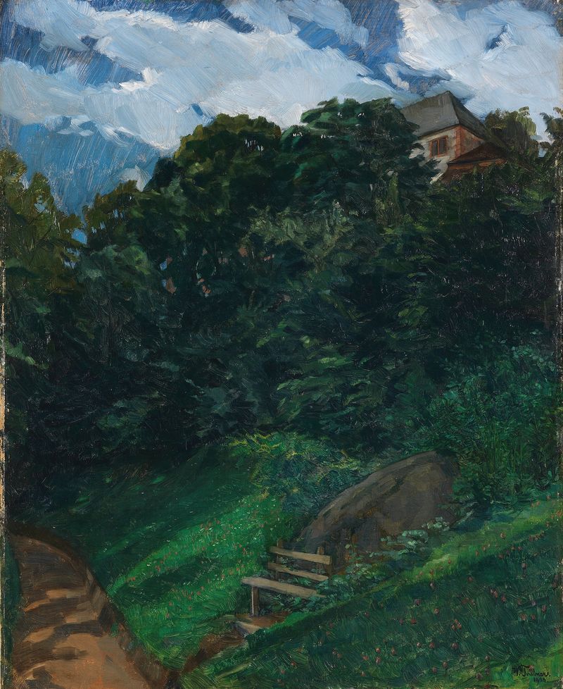 Paisaje de Schlosspark Lichtenberg con un banco, pintura al óleo de Wilhelm Trübner