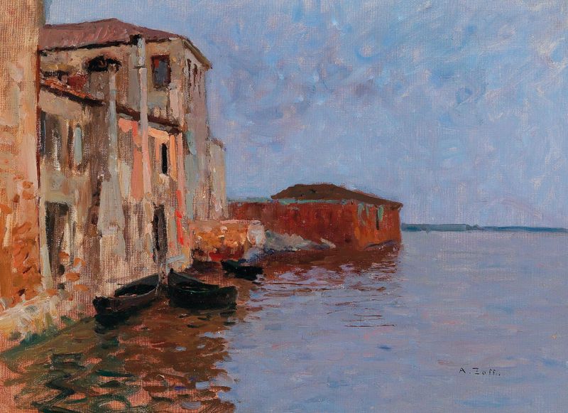 Paisaje impresionista de Alfred Zoff que representa el crepúsculo sobre los techos y el agua de Chioggia.