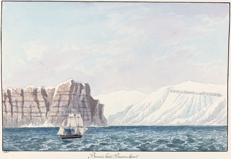 Acuarela de Charles Hamilton Smith que muestra Burnett Inlet, Barrow Strait con costa rocosa y agua tranquila.