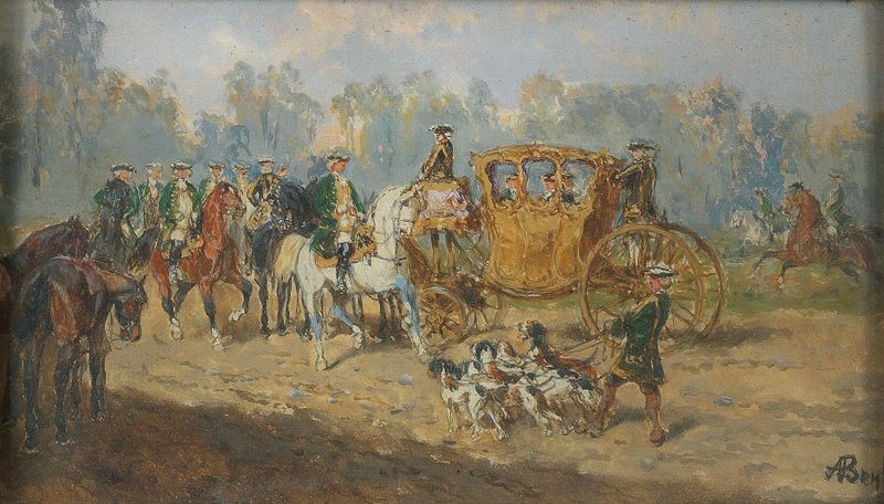 The Hunting Party by Alexander Von Bensa, oil on canvas depicting dark figures in a forest.