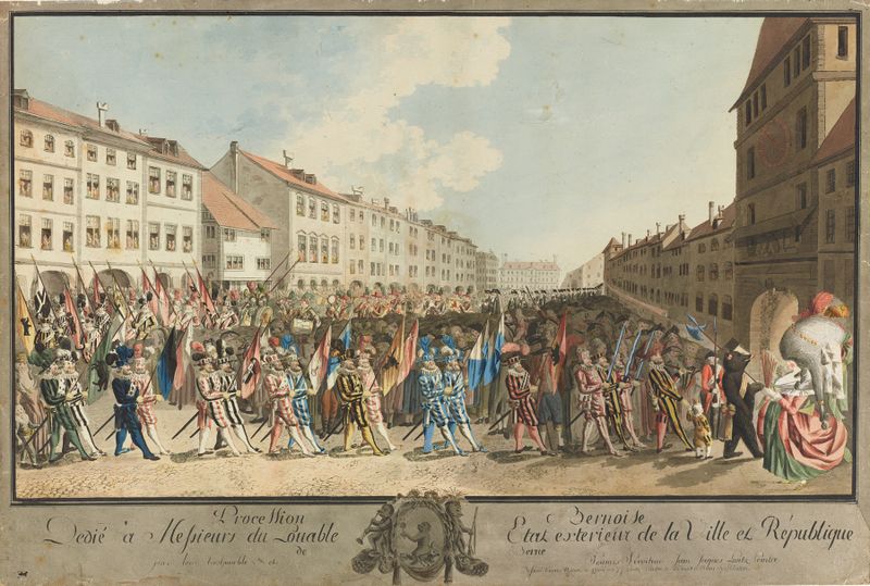 Cena histórica de uma procissão em Berna por Johann Jakob Lutz, meio desconhecido.