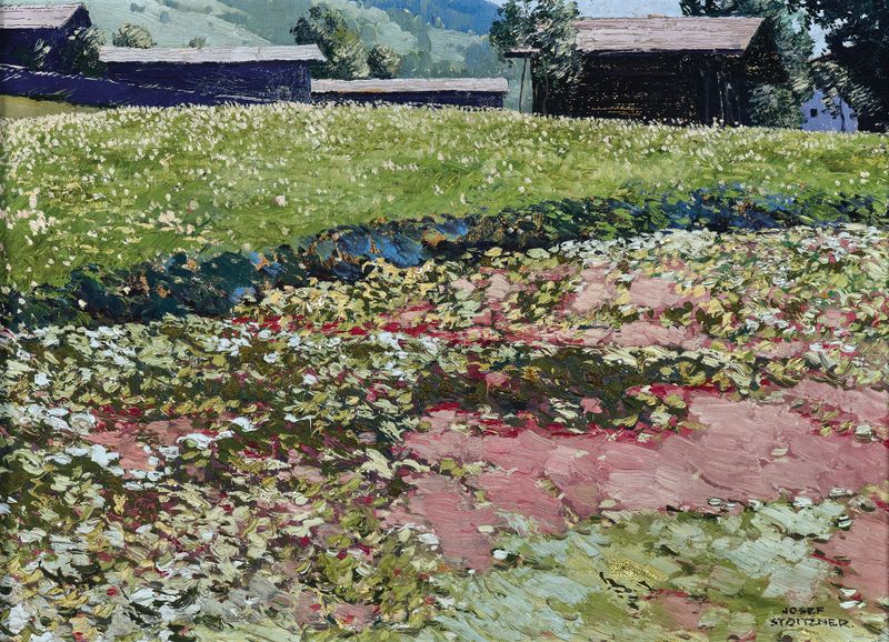 Pintura a óleo de paisagem de Josef Stoitzner mostrando um campo pacífico com luz suave.