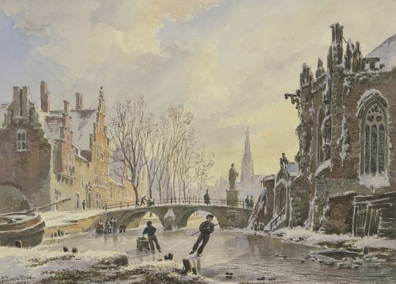 Oil painting by Bartholomeus Johannes van Hove depicting skaters on a canal in Amsterdam