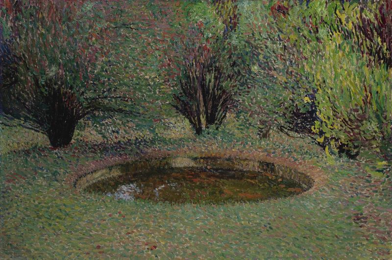 Post-Impressionism oil painting by Henri Martin featuring thuyas and tranquil water