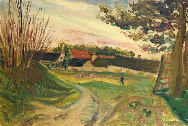 Duas figuras passeiam na frente de uma casa de fazenda em uma pintura a óleo de Abraham Mintchine.