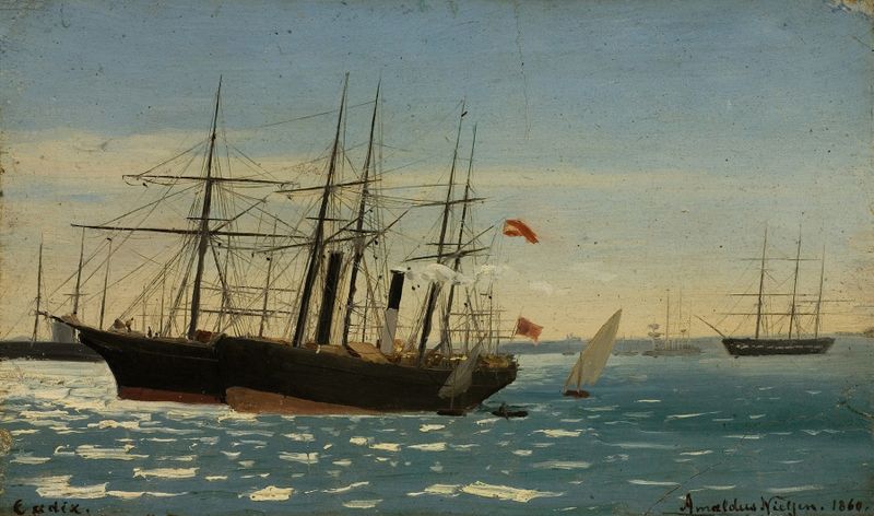 Escena marina con una figura solitaria en la orilla, pintura al óleo de Amaldus Nielsen
