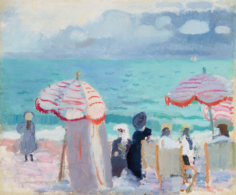 Les Parasols de Raoul Dufy, óleo sobre lienzo, presenta coloridos paraguas en una playa con suaves olas.