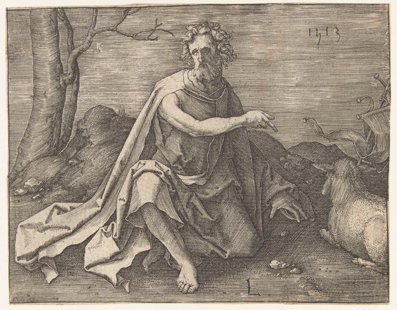 Gravura de Lucas van Leyden representando Johannes no deserto, iluminado pela luz.