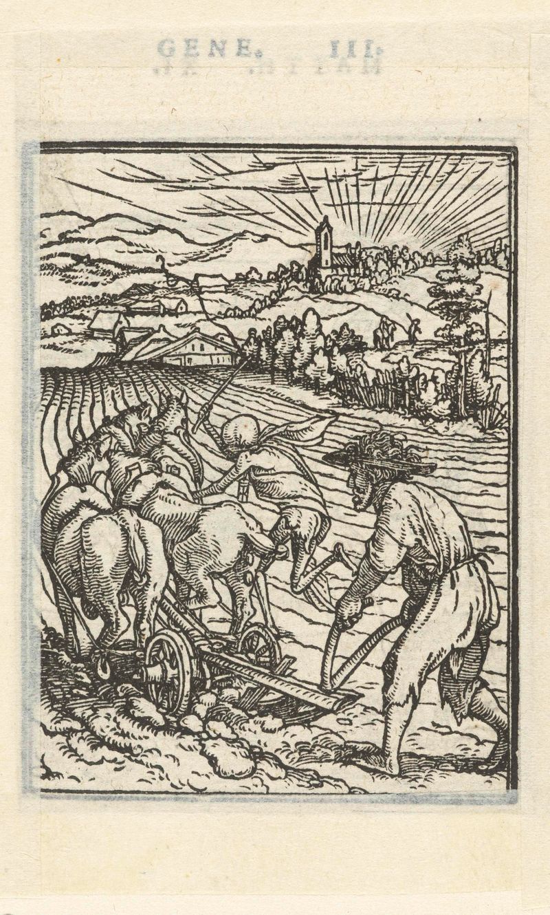 Figurative drawing on paper by Hans Holbein depicting a farmer and death.