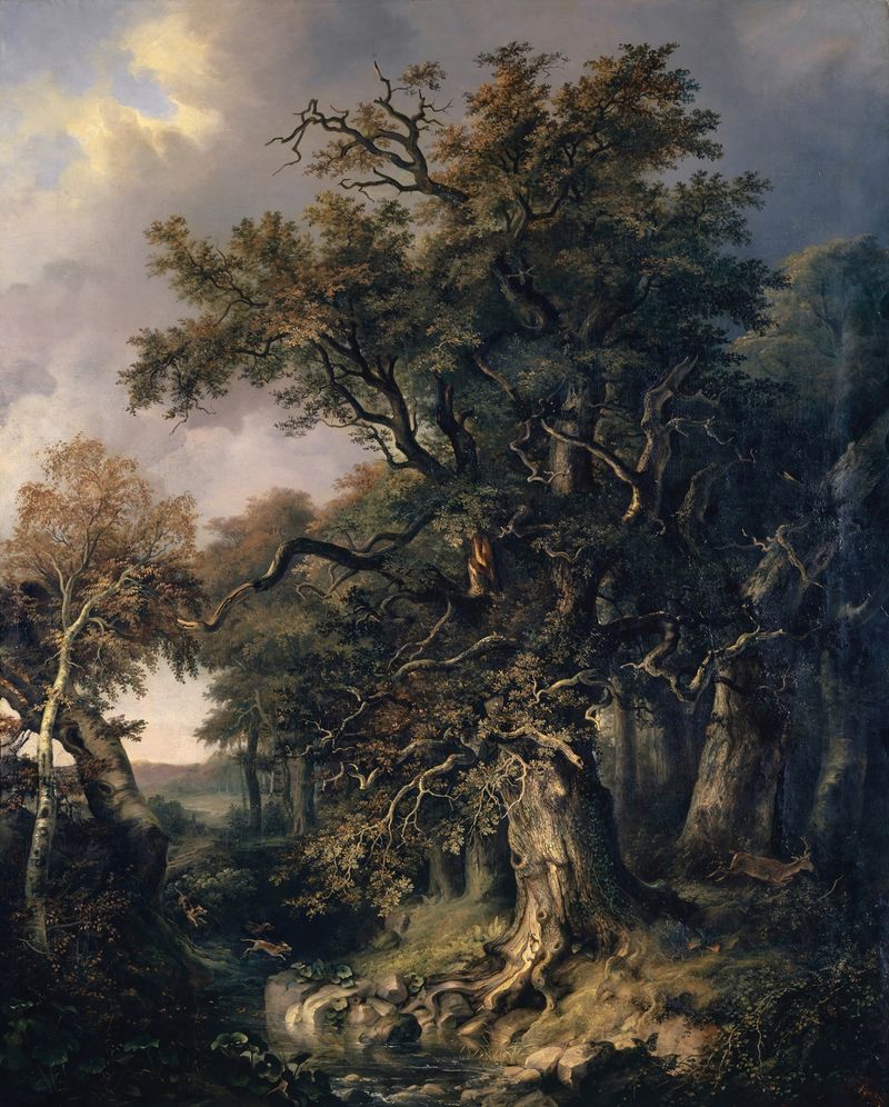 O Carvalho do Rei de Johann Jakob Siegmund, pintura a óleo de um carvalho solitário com raízes intrincadas.