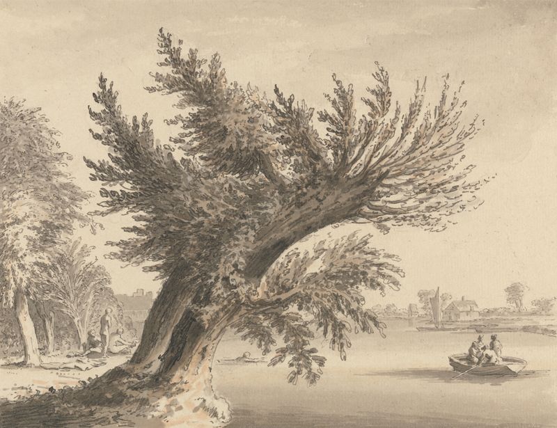 On the Thames at Barnes by Samuel Hieronymus Grimm, oil painting depicting a serene river landscape.