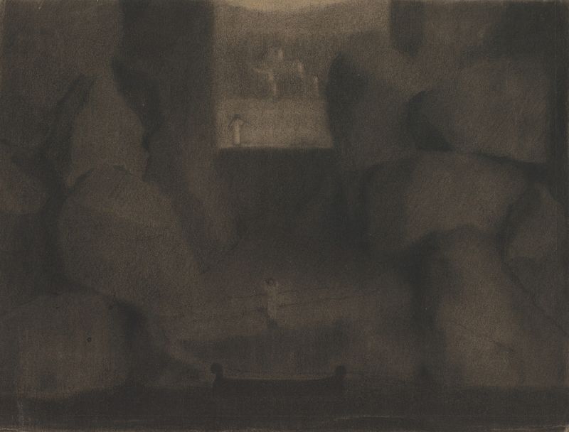 Arrival in a Dark Landscape, oil on canvas by Herbert Crowley, featuring a luminous figure in chaos.