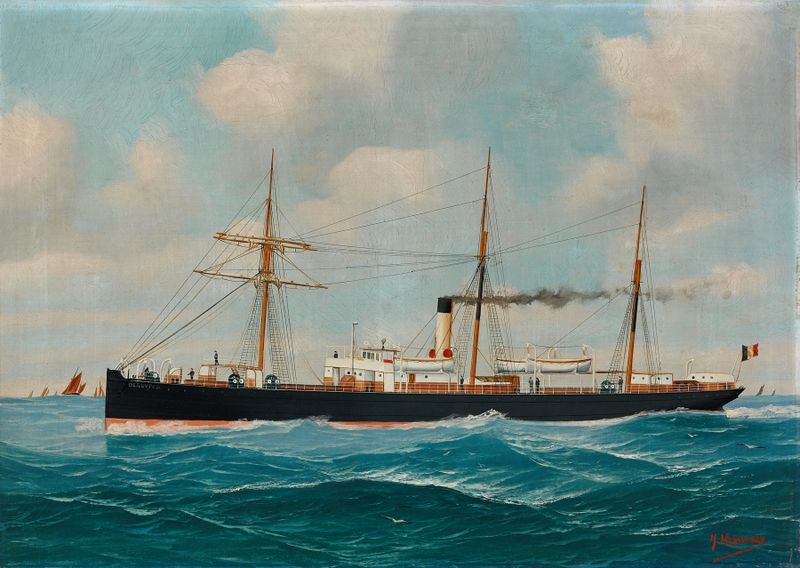 Marine scene featuring a ship with sails by John-Henry Mohrmann, oil painting