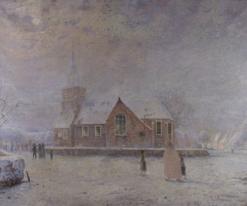 Snow-covered Hamlet by Adrien-Joseph Heymans, oil on canvas, depicting a winter village scene.