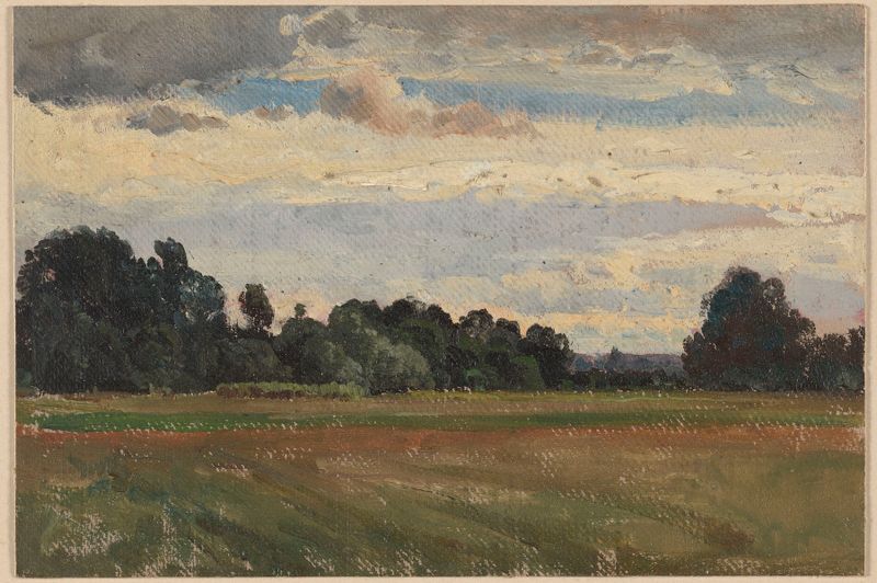 Paisaje que representa campos cerca de Trzebnica, pintura al óleo de Adolf Dressler