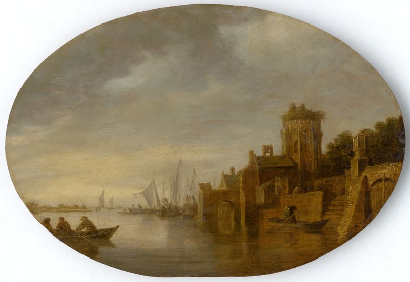 Boats in Harbour de Jan van Goyen, pintura al óleo que representa barcos y reflejos en el agua