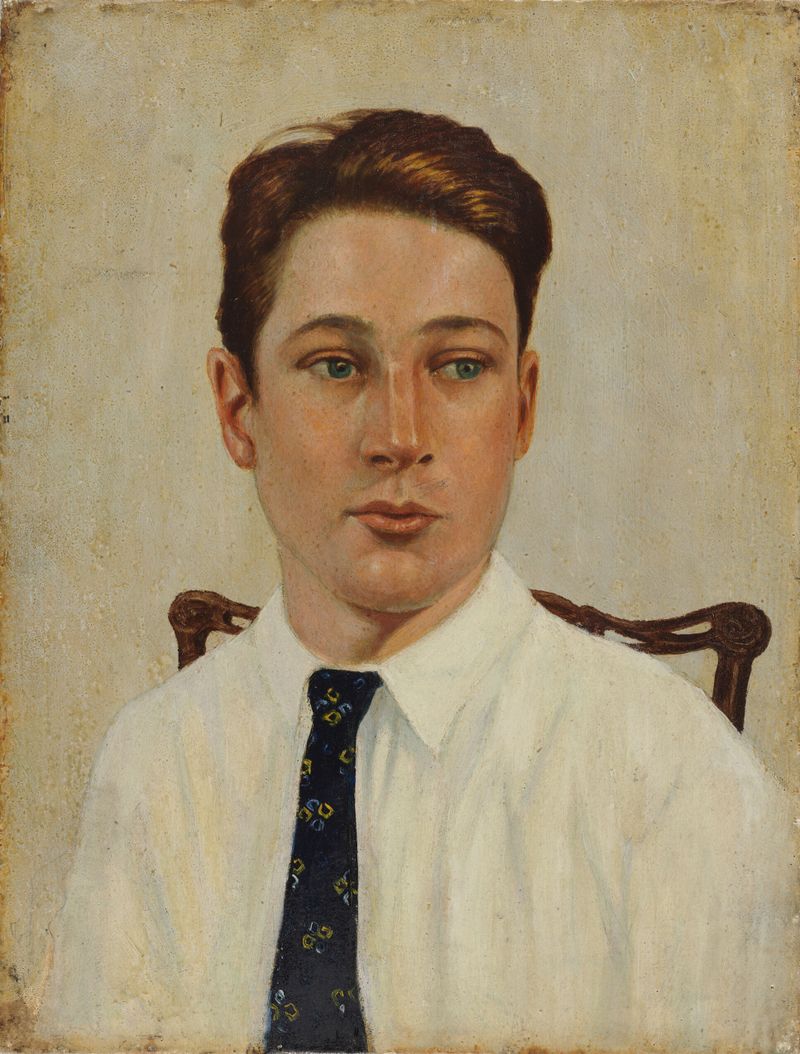 Portrait of a young man by Kanji Nakamura, oil on panel, showcasing a captivating gaze.
