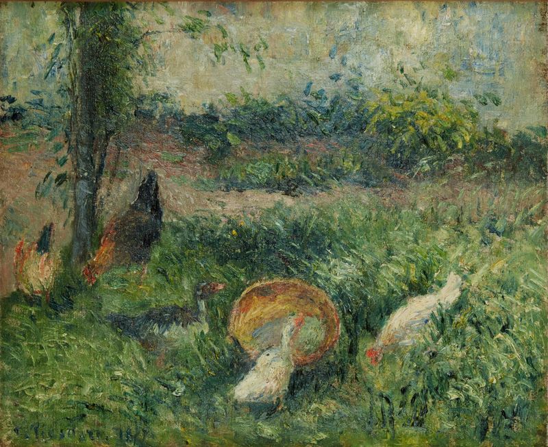 Oil on canvas by Camille Pissarro depicting chickens and ducks in a lush courtyard.