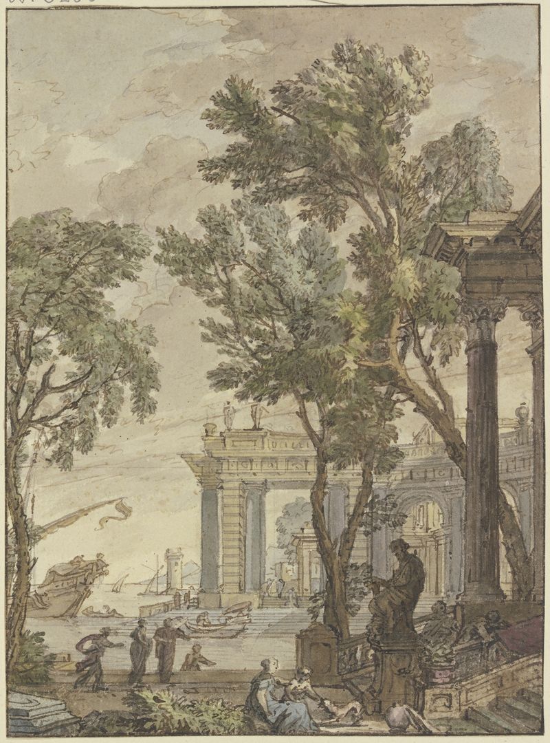 Antique seaport óleo de Isaac de Moucheron que muestra barcos y reflejos en el agua