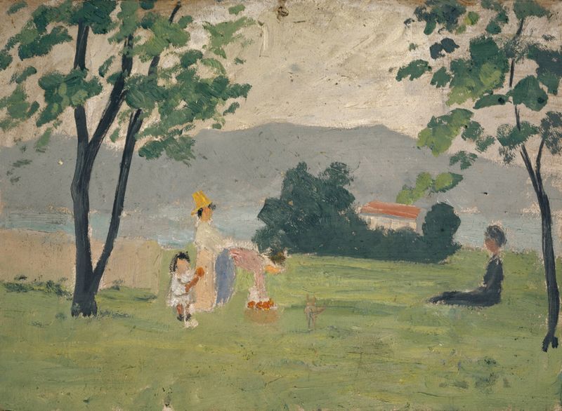 Frauen und Kind in Wiese de Ernst Schiess, óleo que muestra a una madre y un niño en un prado.