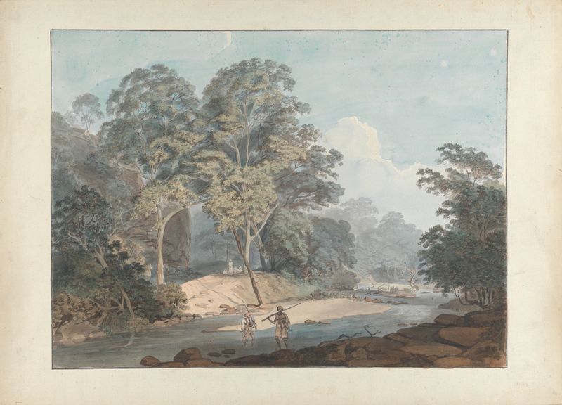 Rocky River Scene with Sepoys by Samuel Davis, oil painting depicting a tranquil river landscape.
