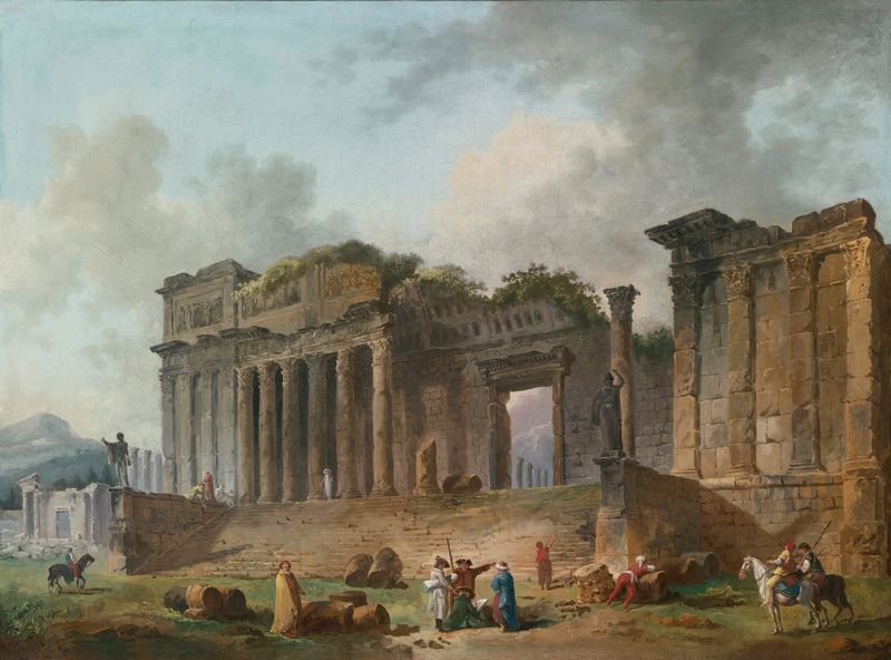 Pintura rococó de Hubert Robert com um artista esboçando em primeiro plano.
