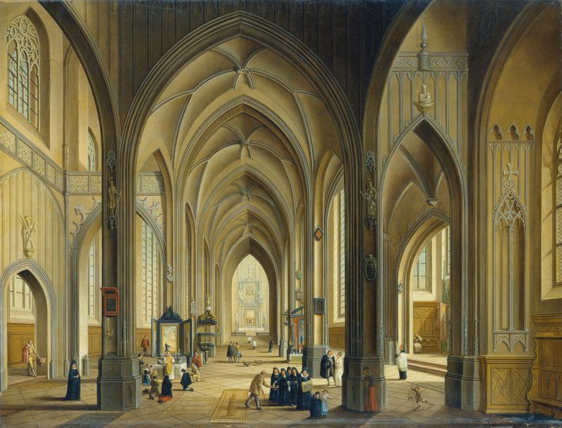 Interior of a Gothic church with stained glass by Johann Ludwig Ernst Morgenstern