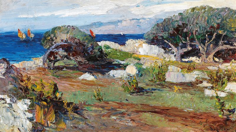 Coastal landscape oil painting by Leontine von Littrow with gentle waves and horizon.