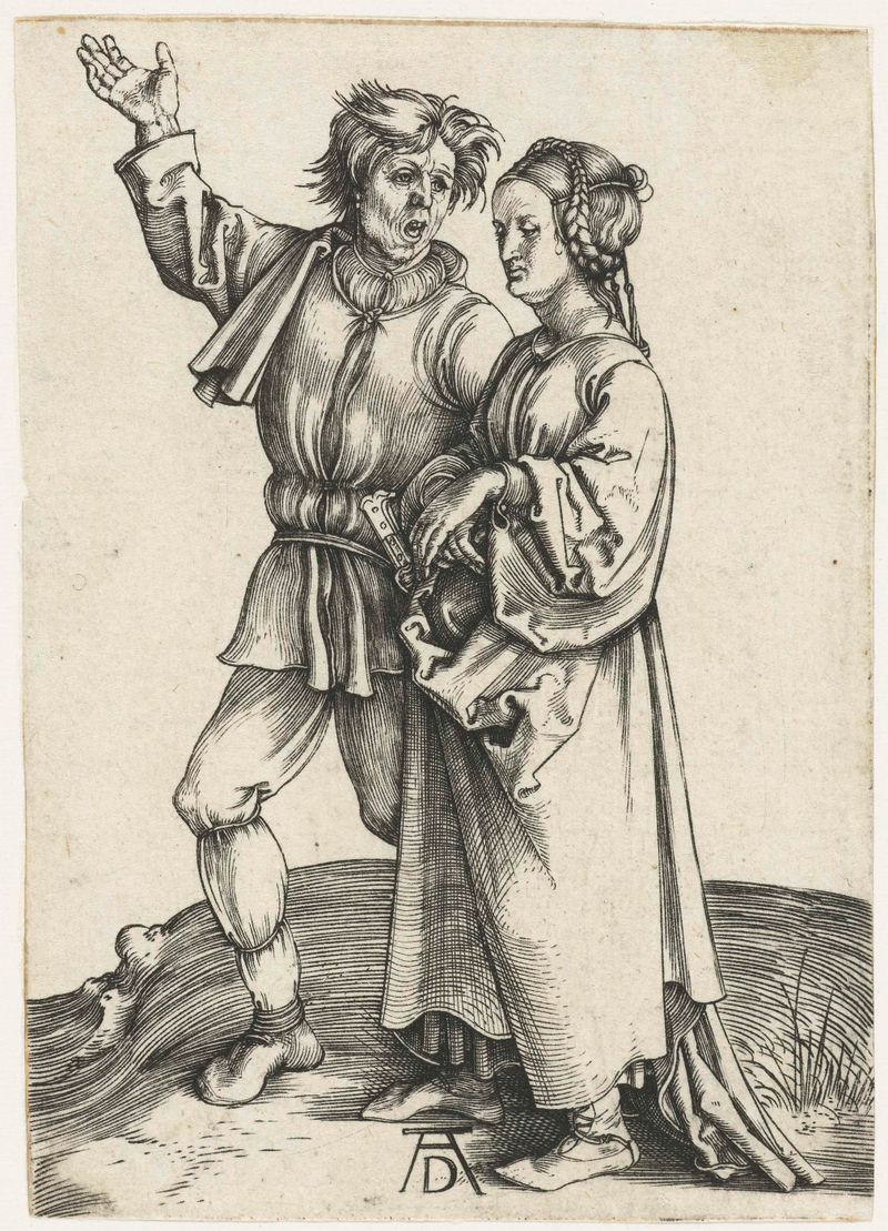 Grabado de Albrecht Dürer que muestra a una pareja de granjeros abrazándose en tonos terrosos
