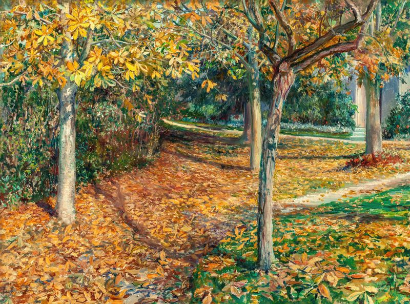 Carpet of Leaves, Giverny by Will Hicock Low, oil on canvas depicting a vibrant autumn landscape.