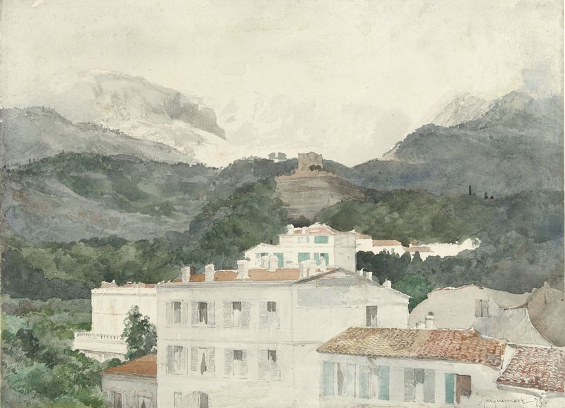 Landscape of mountains and village farmhouses by Jules-Ferdinand Jacquemart, 1875, oil painting