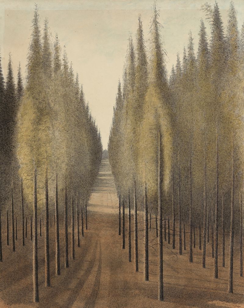 De brandgang de Léon Spilliaert, óleo sobre tela representando um corredor sombrio em tons terrosos suaves.