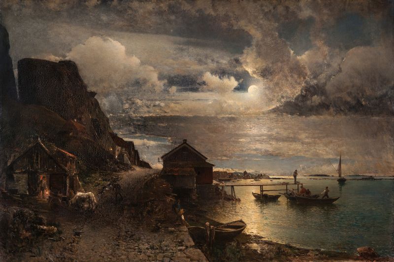 Marine scene with moonlight reflection on water by Alfred Wahlberg, oil painting