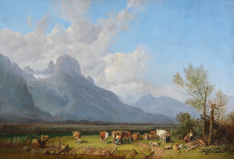 Viehhirten am Seeufer, oil on canvas by Heinrich Bürkel depicting shepherds by a lake at sunset.