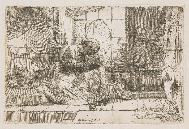 The Virgin and Child with the cat and the snake, etching by Rembrandt van Rijn