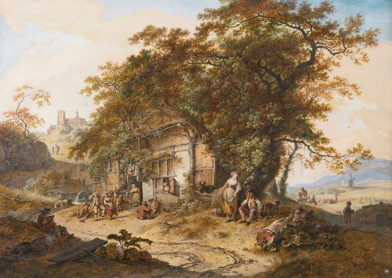 Extensive landscape with peasants resting, oil on canvas by Hendrik Meijer