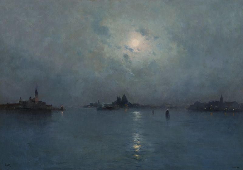 Impressionist landscape of Venice by Marie-Joseph-Leon Clavel, featuring canals and sunset reflections