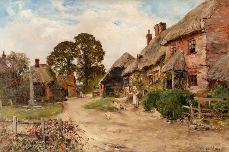 Feeding the Chickens by Henry John Yeend King, realism, depicts a woman scattering grain to chickens.