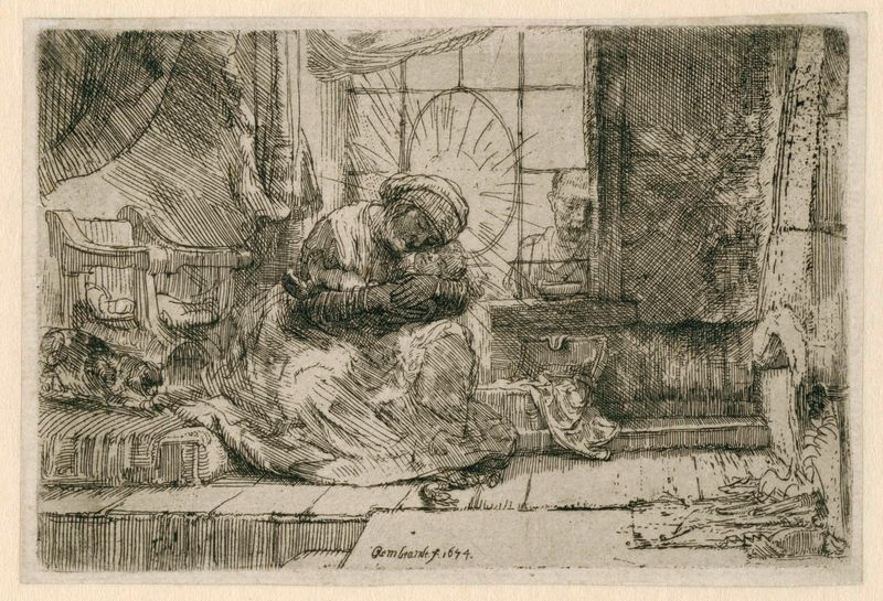 A Virgem e o Menino com o gato e a cobra, gravura de Rembrandt van Rijn