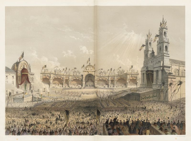 Escena de género que representa una celebración en una plaza, pintura al óleo de Jules Helbig