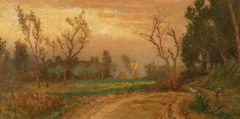 Near Villa Ansidei Perugia, Sunset by Elihu Vedder, oil painting depicting a sunset over distant hills.