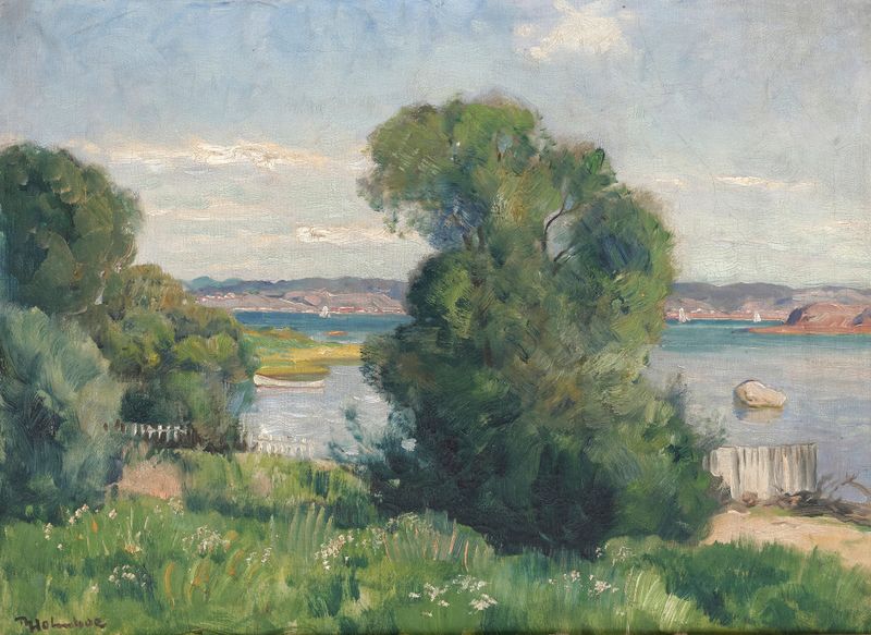 Oil painting by Thorolf Holmboe depicting sunlight over tranquil hills in Norway