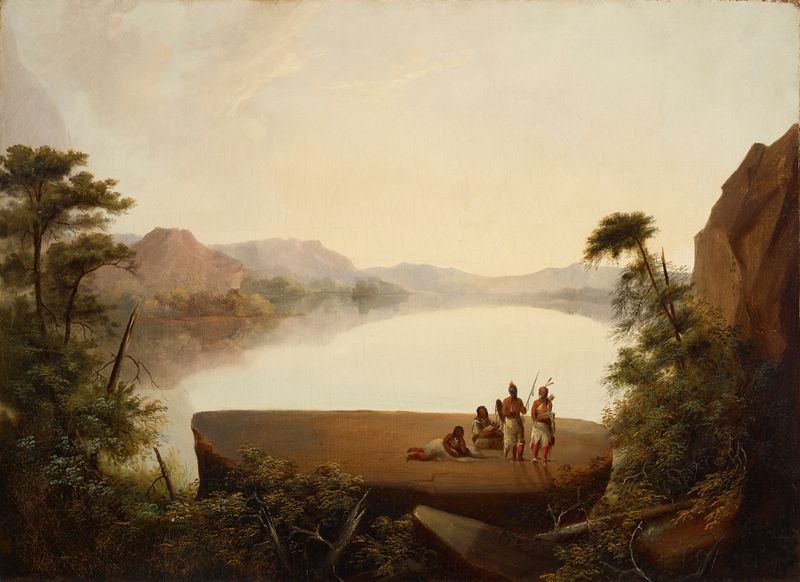 Landscape with Indians, óleo sobre tela de George Winter, apresentando figuras entre a vegetação exuberante.