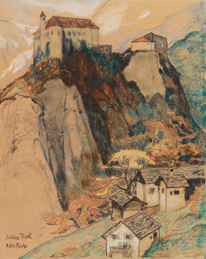 Schloss Tirol by Leo Putz, modernism, depicting a castle amidst lush greenery and mountains.