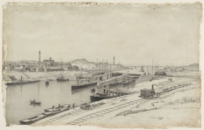 Landscape of Zuidersluis and IJmuiden by Johan Conrad Greive, oil painting