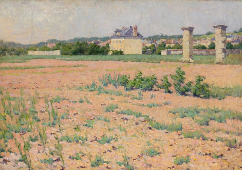 French Country Landscape with Houses in the Distance, oil on canvas by French School