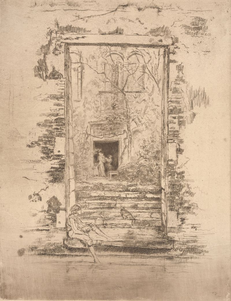 Escena botánica con una figura en un jardín de James Abbott McNeill Whistler, pintura al óleo