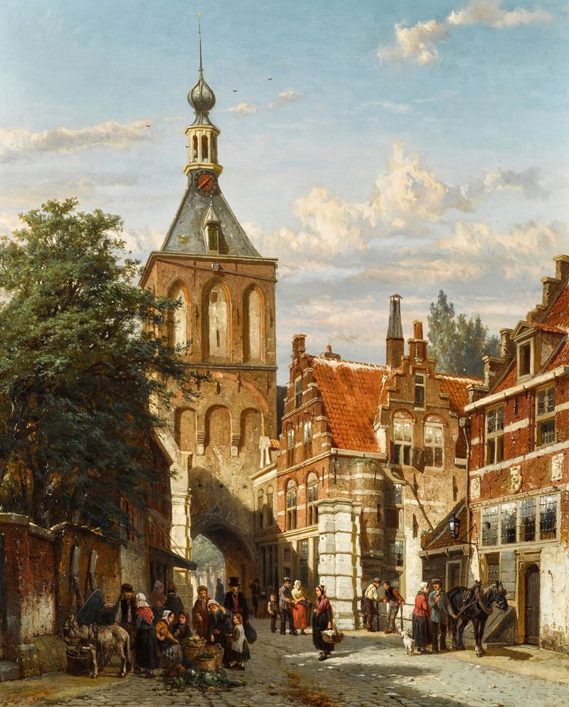 The Binnenpoort, Culemborg by Cornelis Springer, oil painting depicting an archway with sunlight.
