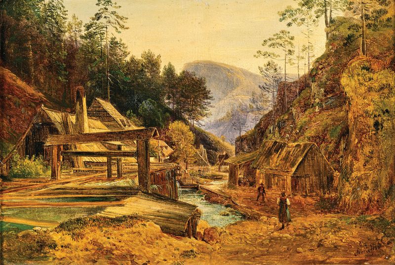 A Landscape with a Hammer Mill by Franz Steinfeld, oil painting depicting fields and a hammer mill.