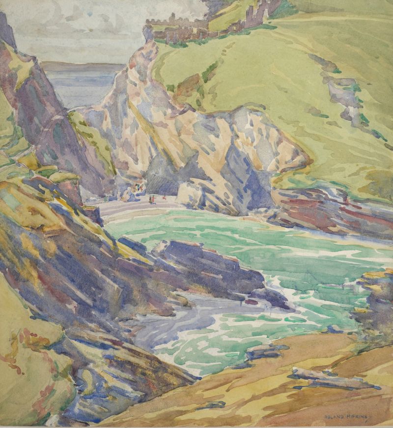 Landscape depicting Tintagel Castle ruins in 1928 by Roland Hipkins